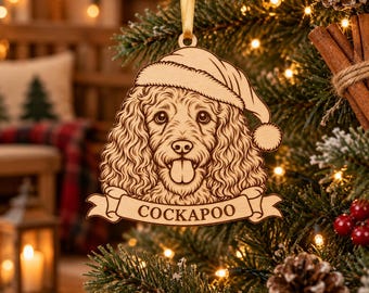 Personalised Cockapoo Christmas Decoration, Wooden Dog Bauble with Engraved Name
