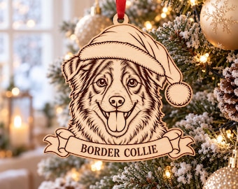 Personalised Border Collie Christmas Decoration, Engraved Wooden Sheepdog Bauble
