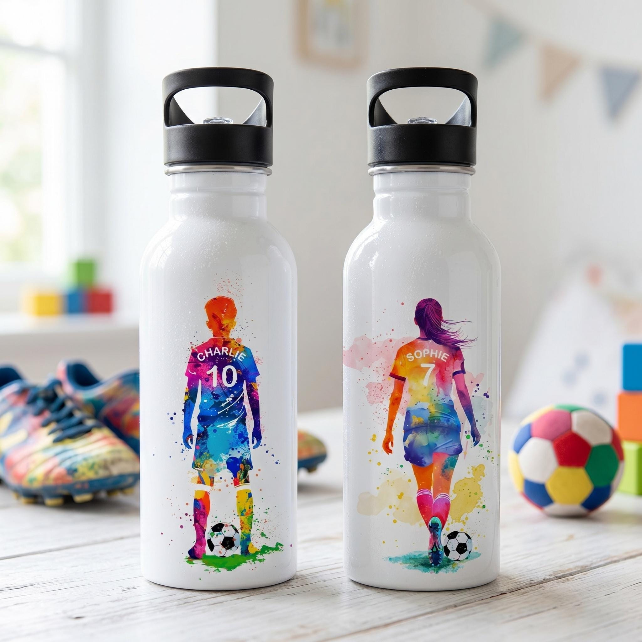 Personalised Football Water Bottle: Custom Name and Number, Sports Gift ...