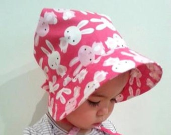 Adjustable Bonnet baby toddler bonnet sunhat baby bonnet baby hat easter bonnet bunny bonnet - Hot Pink Bunnies