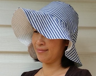 Blue Stripes Reversible Sun Hat, Wide Brim, Beach Hat, baby, toddler, kid, teen & adult
