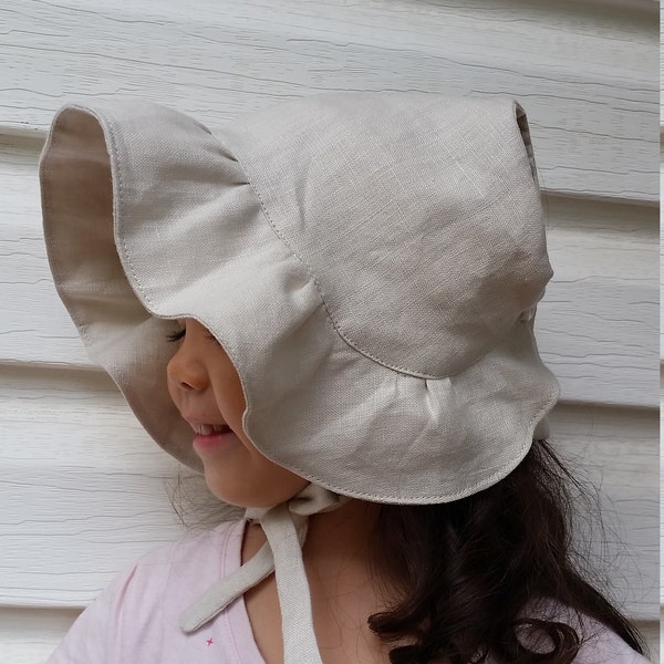 Adjustable Sun Bonnet, ruffle brim  linen bonnet,  baby bonnet, baby sunha,t easter bonnet, ruffle-brimmed beach hat - Linen Stone / Natural
