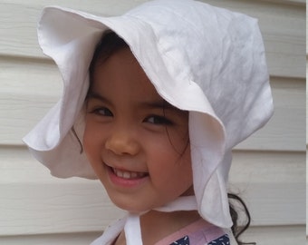 Linen Ruffle-brimmed Adjustable Sun Bonnet, baby bonnet, toddler bonnet, sunhat, baby hat,  easter bonnet, beach hat -  white  linen