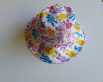Bunny Print Wide Brim Bucket Hat: Cotton Sun Hat, various sizes