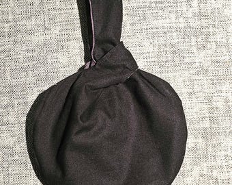 Japanese knot bag, mini wristlet bag, fabric knot bag, reversible knot bag, bridesmaid bag - black & charcoal