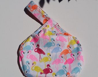 Japanese knot bag, mini wristlet bag, fabric knot bag, reversible knot bag, bridesmaid bag - happy circles, Flamingo
