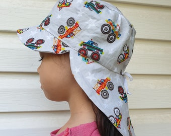 Adjustable Unisex Sun Hat, legionnaire hat, legionnaire cap, hat with flap, beach hat - baby, toddler, kid, teen & adult - Monster Truck
