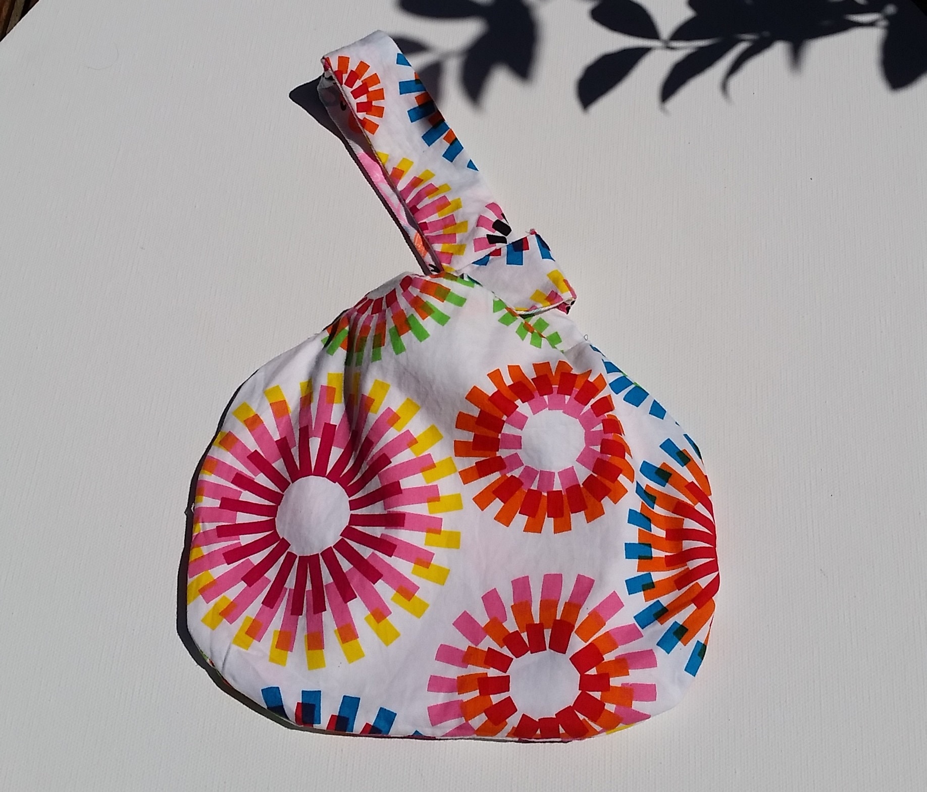 Reversible Japanese Knot Bag: Cotton Wristlet with Happy Circles