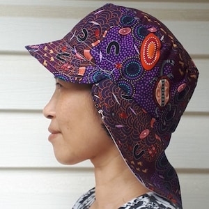 Adjustable Unisex legionnaire hat, legionnaire cap, sunhat, hat with flap -baby, toddler, teen & adult - indigenous print around water hole
