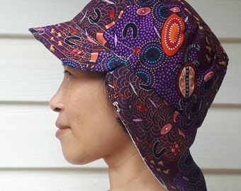 Adjustable Unisex legionnaire hat, legionnaire cap, sunhat, hat with flap -baby, toddler, teen & adult - indigenous print around water hole