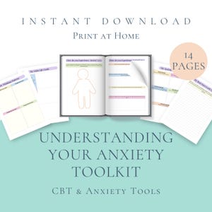 May include: An open journal with a human outline and fill-in-the-blank prompts, surrounded by loose pages. The text reads "Understanding Your Anxiety Toolkit" and "Instant Download Print at Home". The image has a teal background.
