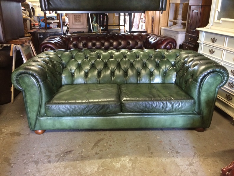 Gorgeous Vintage Hand Dyed Antique Green Leather Chesterfield Sofa