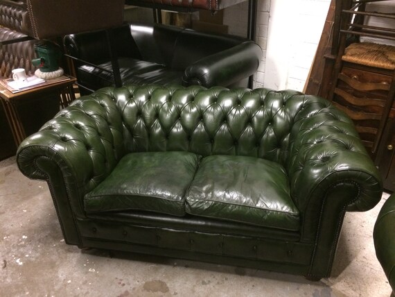 Mid 20th Century Dark Green Leather Coil Sprung Chesterfield Etsy