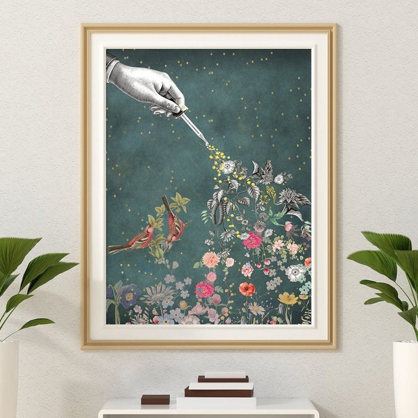 Tableau féminin, fleurs de Bach, art du collage surréaliste, cabinet de curiosité, cadeau pour elle, décoration bohème chic.