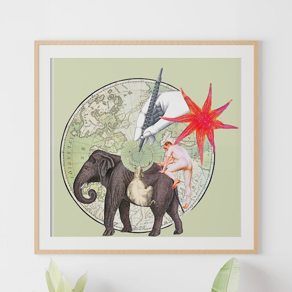 Illustration surréaliste, affiche vintage elephant, cabinet de curiosité, décor bohème chic, cadeau pour elle et lui, carte du monde ronde
