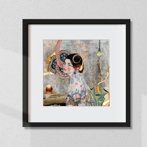 Female painting, portrait of Klimt, surrealist collage art, curiosity cabinet, gift for her, chic bohemian decoration, softness