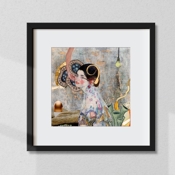 Tableau féminin, portrait de Klimt, art du collage surréaliste, cabinet de curiosité, cadeau pour elle, décoration bohème chic, douceur