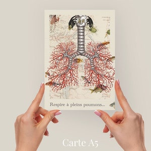 Carte  prestige et son enveloppe, Illustration "respirer à pleins poumons",  Collage surréaliste et onirique.