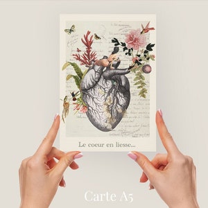 Carte  prestige et son enveloppe, Illustration "Avoir le coeur en liesse", surréaliste et onirique, gravure anatomique, cadeau pour elle.