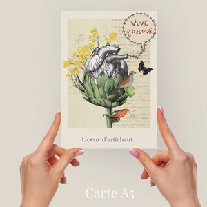 Carte  prestige et son enveloppe, Illustration "Avoir un coeur d'artichaut",  Collage surréaliste et onirique.
