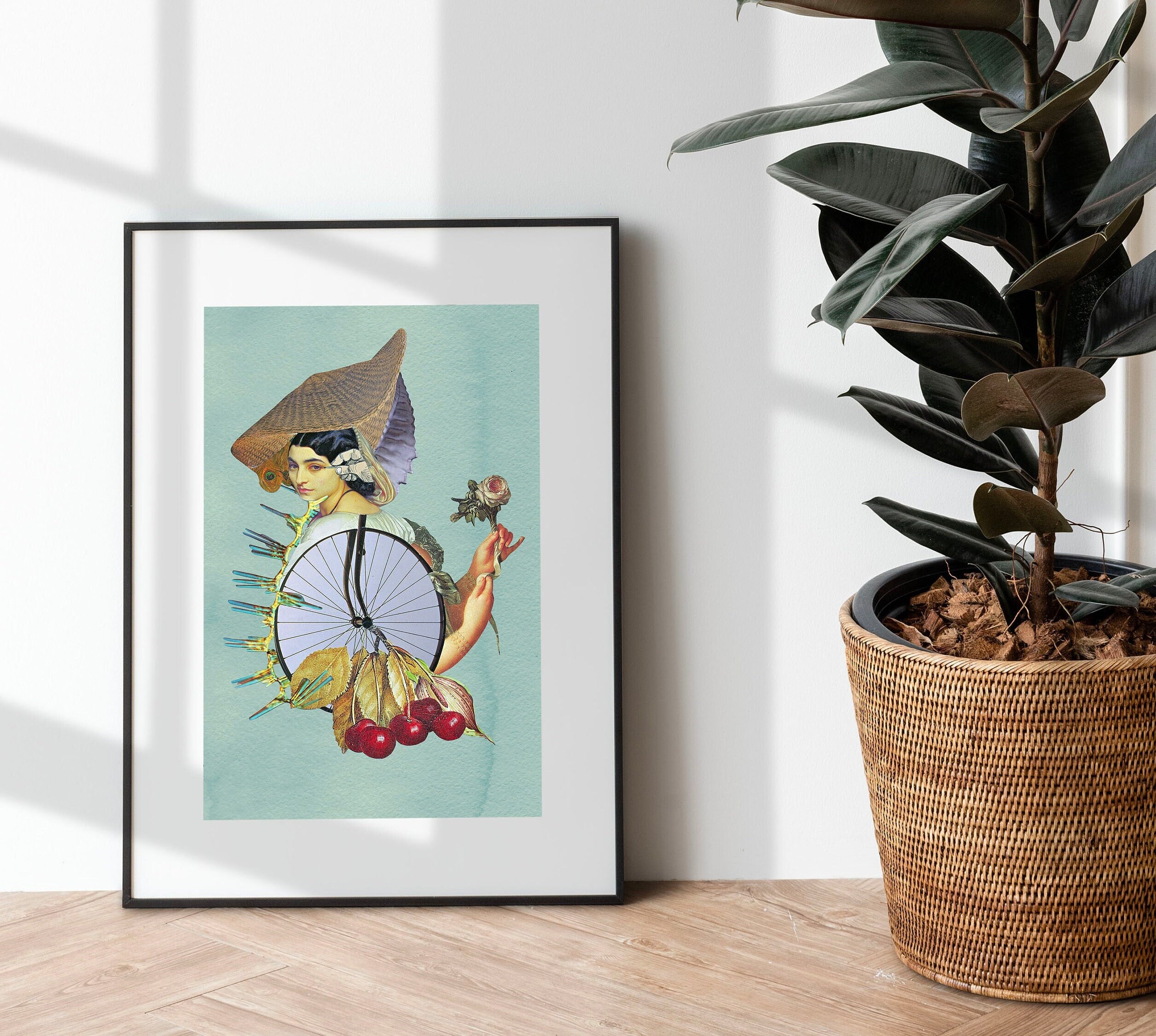 Illustration Féminine et Surréaliste, Chapeau de Paille, Des Cerises Roses, Univers Onirique, Cadeau