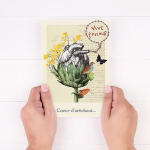 Carte postale, Illustration " coeur d'artichaut",  Collage surréaliste et onirique, cadeau, cabinet de curiosité, botanique et poèsie