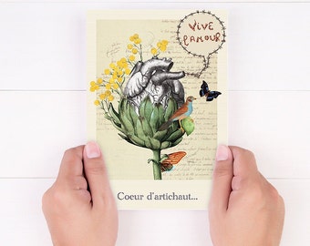 Postkarte, Illustration &quot;Artischockenherz&quot;, surrealistische und traumhafte Collage, Geschenk, Kuriositätenkabinett, Botanik und Poetik
