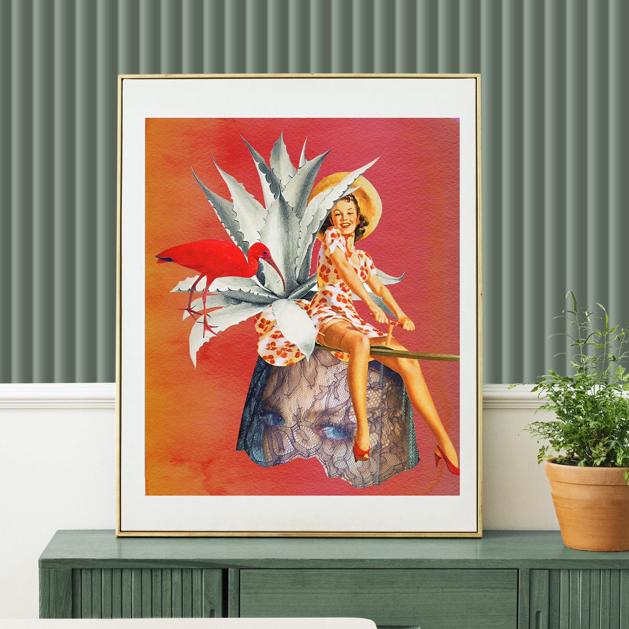 Illustration Féminine et Féministe, La Pin Up Le Heron Rouge, Univers Onirique Surréaliste, Cadeau P