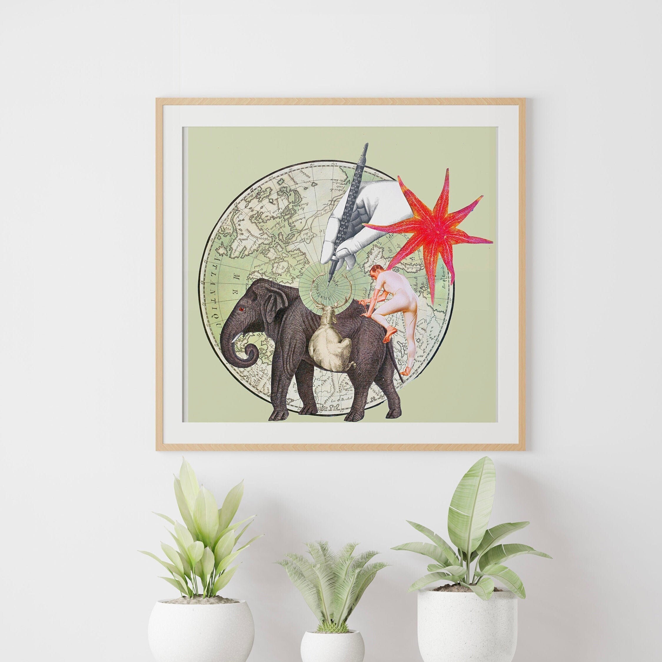 Illustration Surréaliste, Affiche Vintage Elephant, Cabinet de Curiosité, Décor Bohème Chic, Cadeau