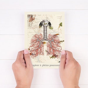 Carte postale, Illustration " respirer à plein poumons",  Collage surréaliste et onirique, cadeau, cabinet de curiosité, botanique et poèsie