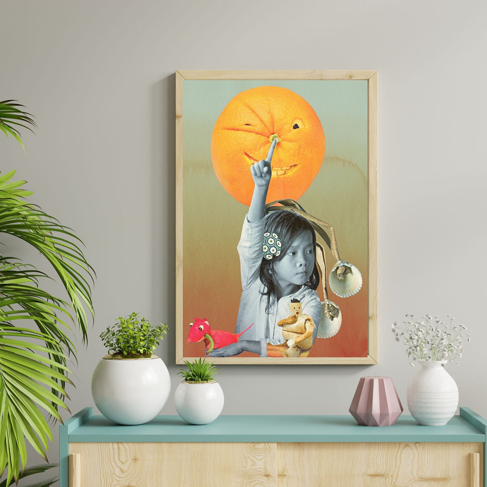 Illustration Surréaliste, Une Fillette Studieuse, Orange Qui Sourit, Univers Onirique, Cadeau Pour E