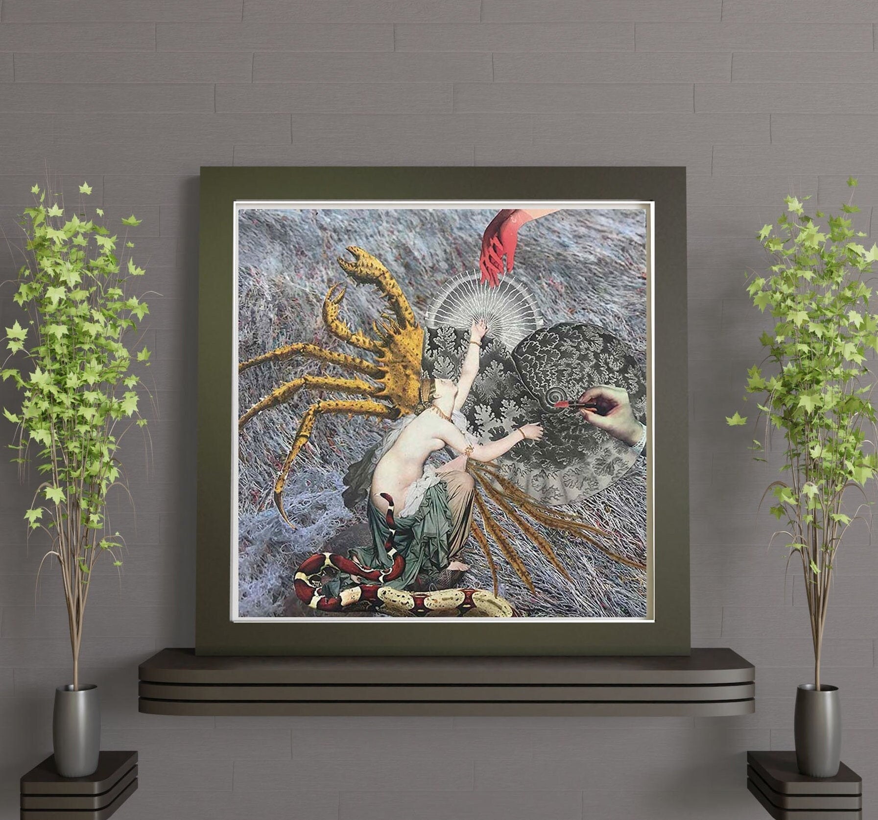 Tableau Surréaliste Original, Thétis Amoureuse, Un Crabe Jaune, Coquillage, Deux Mains Tendues, Cade