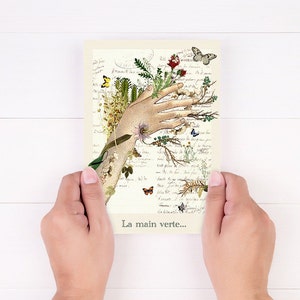 Carte postale, Illustration "Avoir la main verte",  collage surréaliste et onirique, cabinet de curiosité, botanique et poèsie