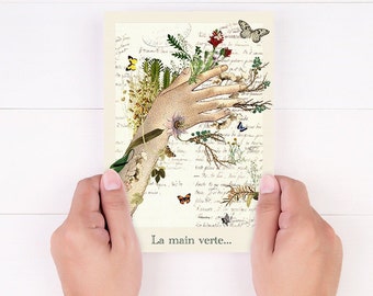 Postkarte, Illustration &quot;Einen grünen Daumen haben&quot;, surrealistische und traumhafte Collage, Kuriositätenkabinett, Botanik und Poesie