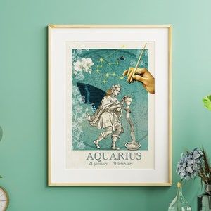 Signe astro verseau, art astrologique, empreinte d'aquarius du zodiaque, signe stellaire, impression celeste, cadeau  anniversaire.