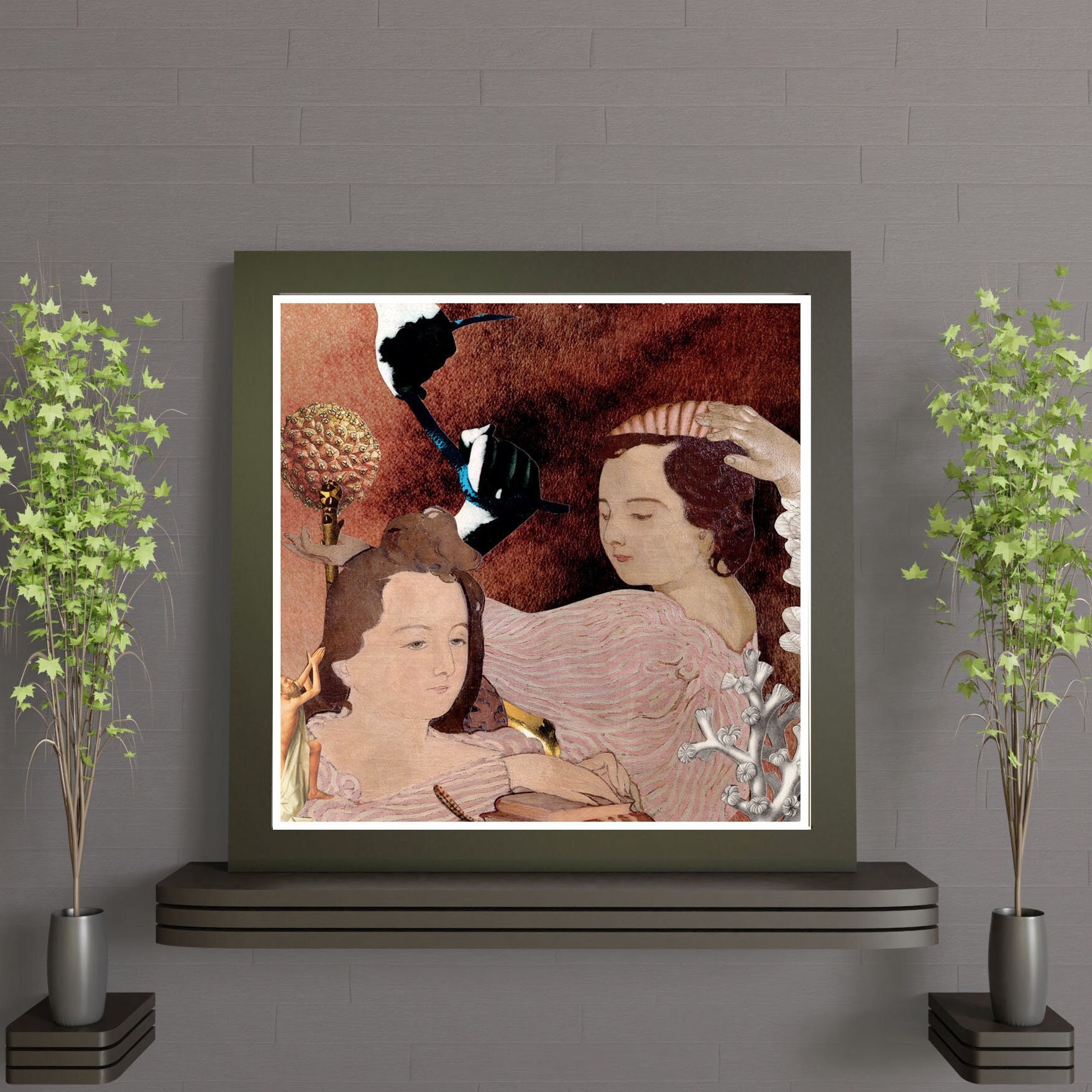 Tableau Surréaliste Original, Deux Soeurs en Rose Chez Les Nabis, Mains et Un Ruban , Decor Pourpre,