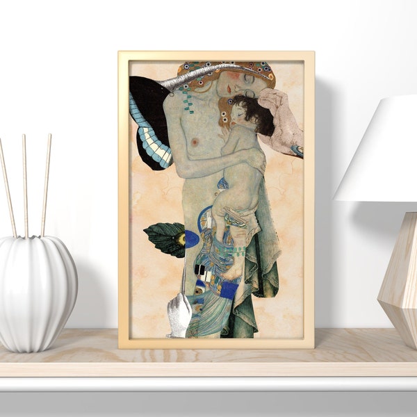 Tableau féminin, la mère et l'enfant de Klimt, art du collage surréaliste, cadeau pour elle, décoration bohème chic, douceur maternelle