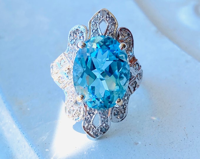Art Deco Style Blue Topaz Diamond Cluster 14K Ring
