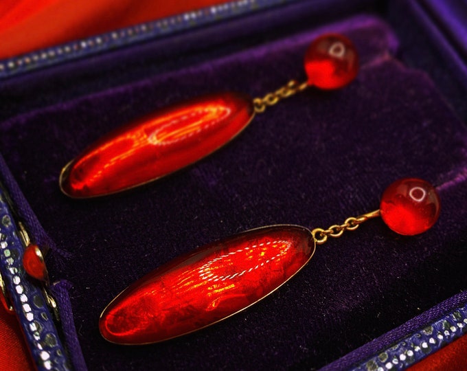 SOLD** Sac Frères Art Deco Red Amber Yellow Gold Dangle Drop Earrings