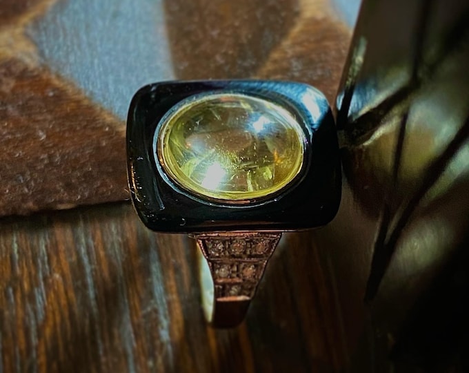 SOLD** Art Deco Style Cabochon Yellow Sapphire Black Onyx Diamond 14K White Gold Ring