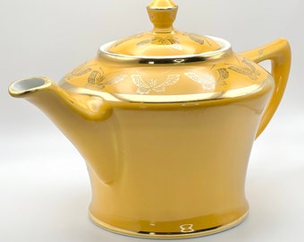 Vintage HALL CHINA Cleveland Mustard Yellow & Gold Butterfly Teapot