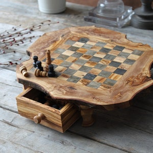 Tablero de ajedrez, juegos de ajedrez, mesa de juego, madera de olivo, regalo de Navidad, regalo de vacaciones, regalo para él, regalo para ella, regalo