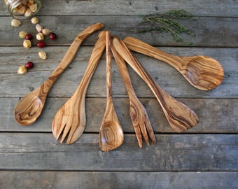 wooden spoon, wood spoon,  wooden utensils set, olive wood, hand carved spoon, wooden fork, wooden spatula, Christmas gift, gift for her,