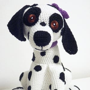 Crochet Pattern Dalmatian Buffy Amigurumi PDF White Dog Black Spots Genuine Eyes Stuff Toy For Children Animal Violet Bow Embroider EBook