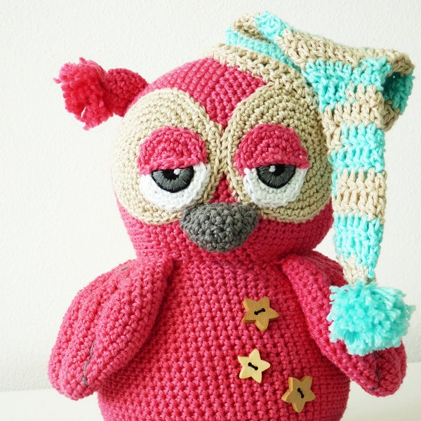 Crochet Pattern Owl Pinky Amigurumi  PDF Cute Sleepy Pink Owl Genuine Eyes Stuff Toy For Children Animal With Cap Buttons Embroider EBook