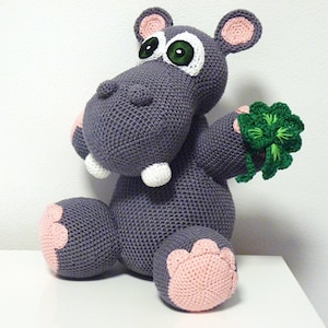 Crochet Pattern Hippo Lenny Amigurumi  PDF Cute Grey Hippopotamus with Cloverleaf Stuff Toy For Children Animal Embroider Genuine Eyes