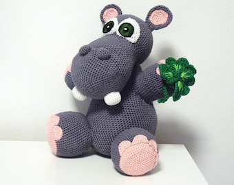 Crochet Pattern Hippo Lenny Amigurumi  PDF Cute Grey Hippopotamus with Cloverleaf Stuff Toy For Children Animal Embroider Genuine Eyes