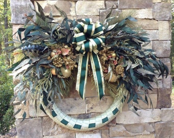 CALAMANDRÉ CHRISTMAS: DELUXE Light Green Plaid And Woven Dark Green Ribbon Wreath w/Arched Preserved Eucalyptus & Tinted Gold Ruscus Foliage
