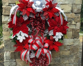 CALAMANDRÉ CHRISTMAS:DELUXE "Signature Series" Red & Silver Wreath w/Large Red Velvet Glitter-Encrusted Poinsettias, Hanging Crystal Berries