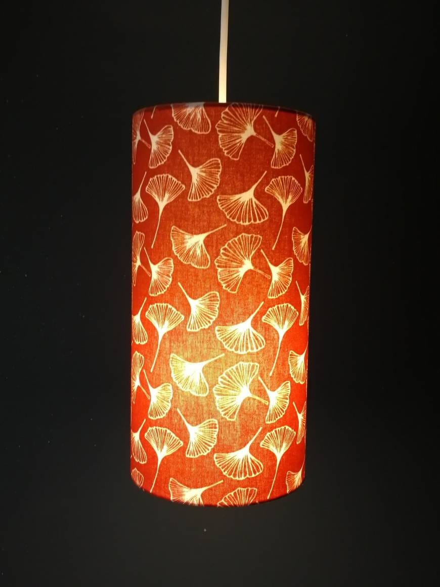 Abat-Jour Rond Tube Imprimé Gingko Orange Pour Suspension Pied de Lampe Lampadaire